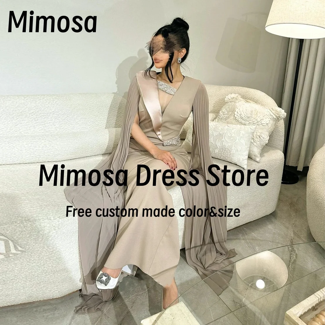 Mimosa Bespoke Prom Dresses V Neck Beaded Sash Women's Evening Dress Pleats Sleeves Vestidos Des Noches Customized