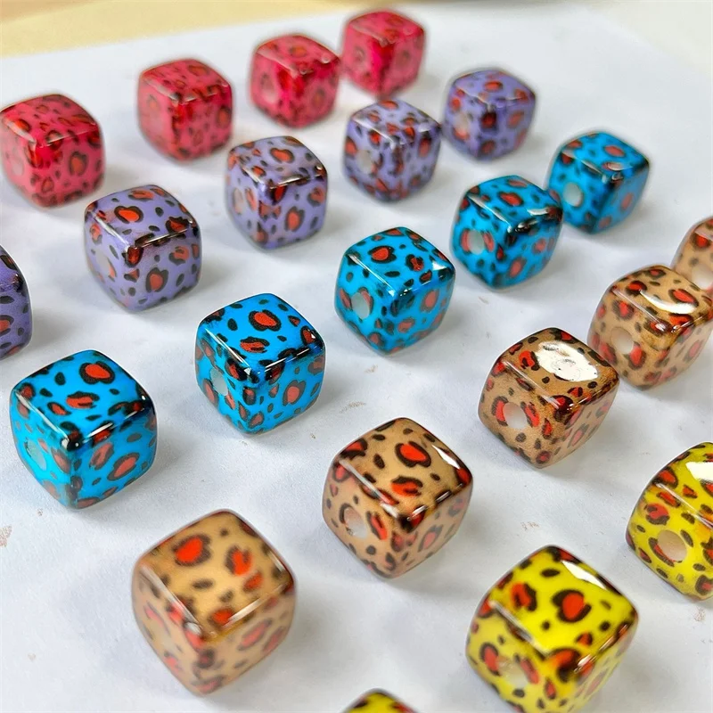 Free shipping 100pcs/lot 14mm color leopard print geometry square shape resin beads diy jewelry garment acessory
