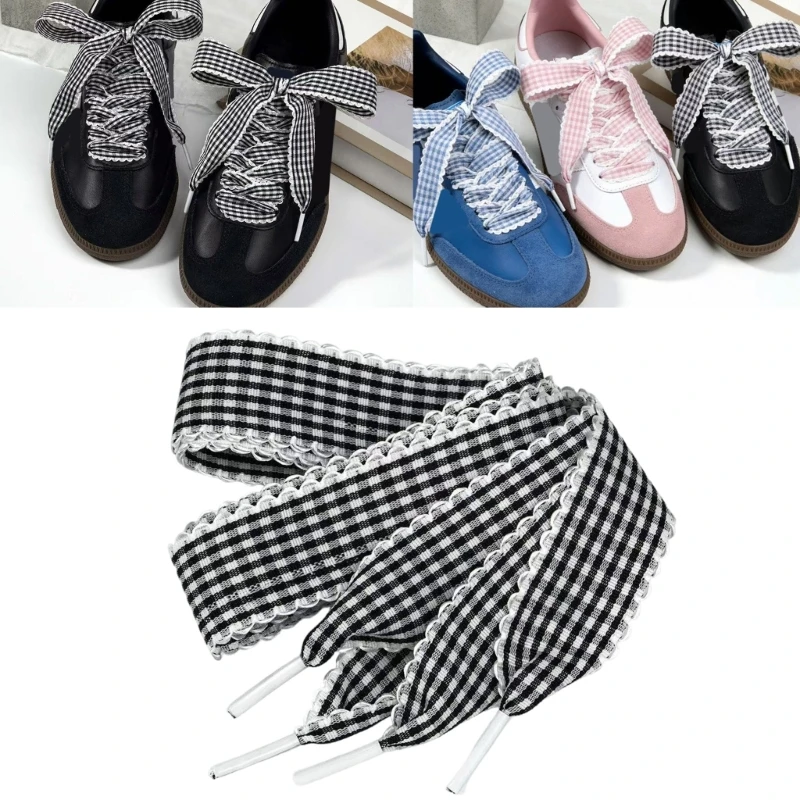 Decorative Lace Trim Gingham Shoelaces for Trainers and Casual Footwear, Flat Ribbon Replacement Laces with Lace 6XDA