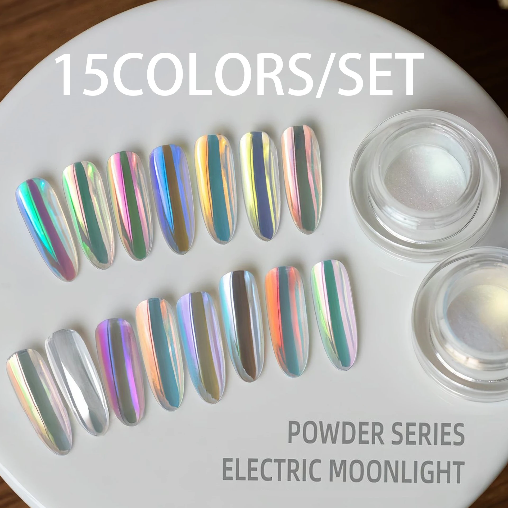 15 Colors Set Moonlight Aurora Nail Powder - Electroplated Mirror Chrome Pigment, Holographic Iridescent Glitter Dust for UV Gel