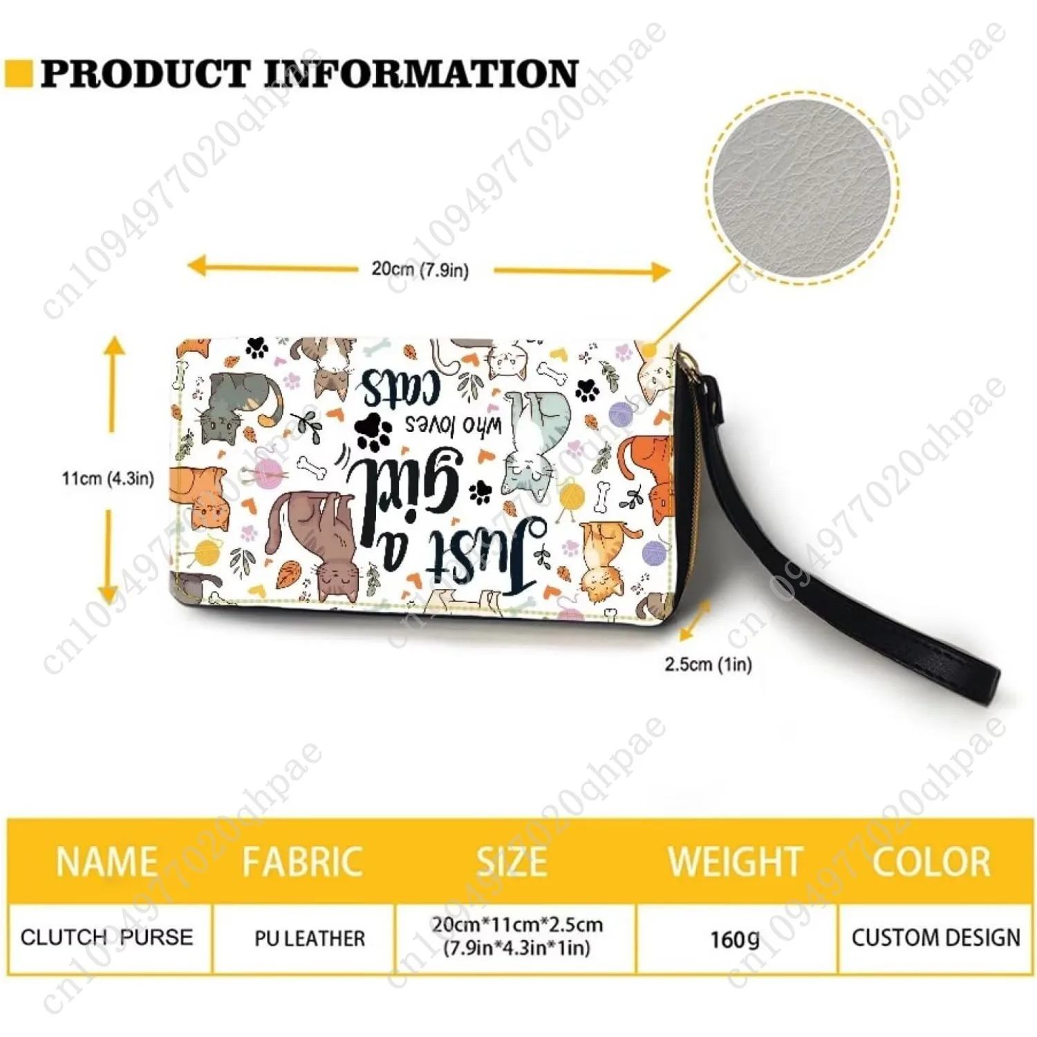 محفظة نسائية طويلة مع معصم سعة كبيرة وسحاب معدني ومحفظة هاتف لطيفة على شكل قطة - فتاة تحب القطط مطبوعة من جلد البولي يوريثان