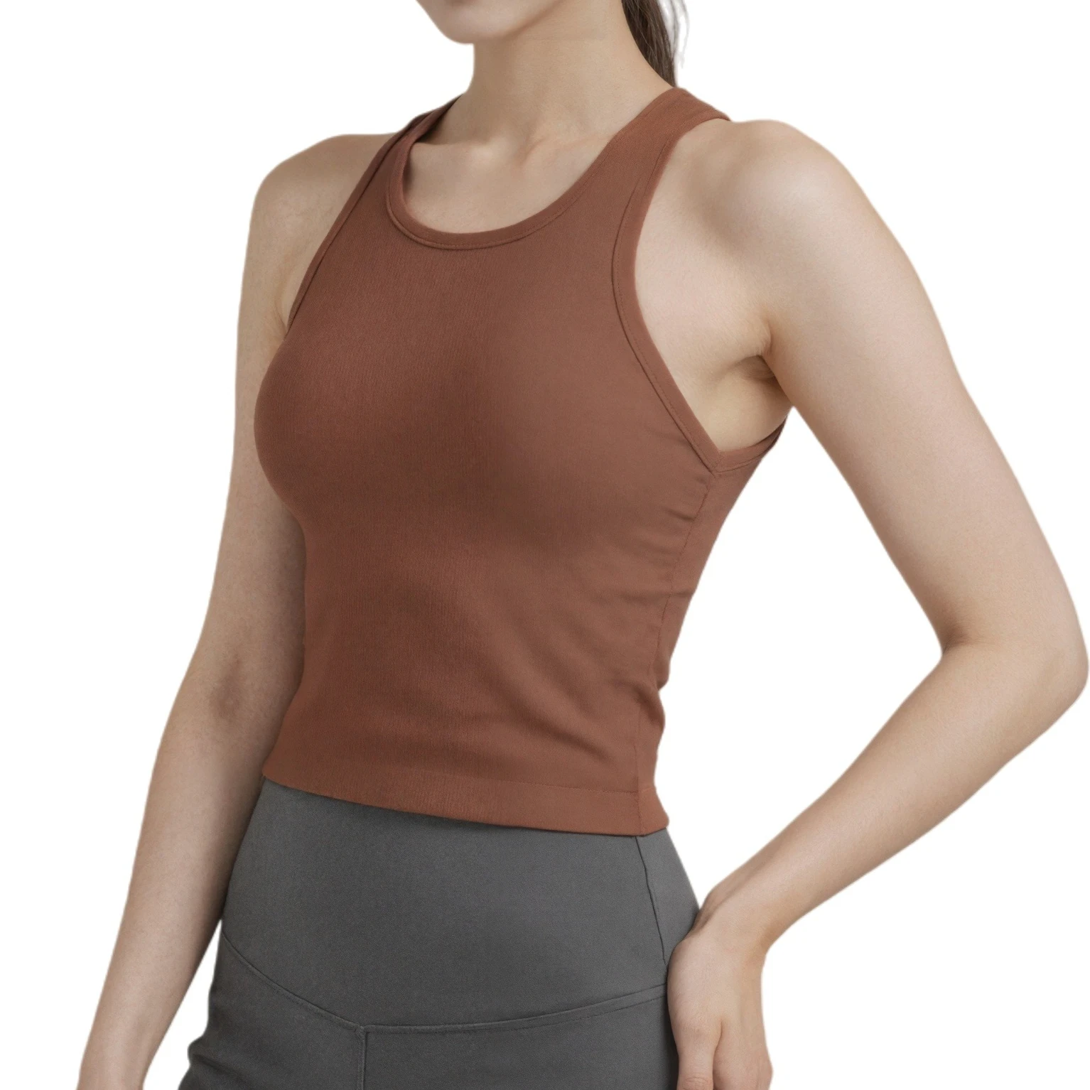 

Women Yoga Sports Short Tank Top High Elastic Knit Rib Wear Out Nylon Waist Toning Comfort Built In Bra Pad Beautiful Back