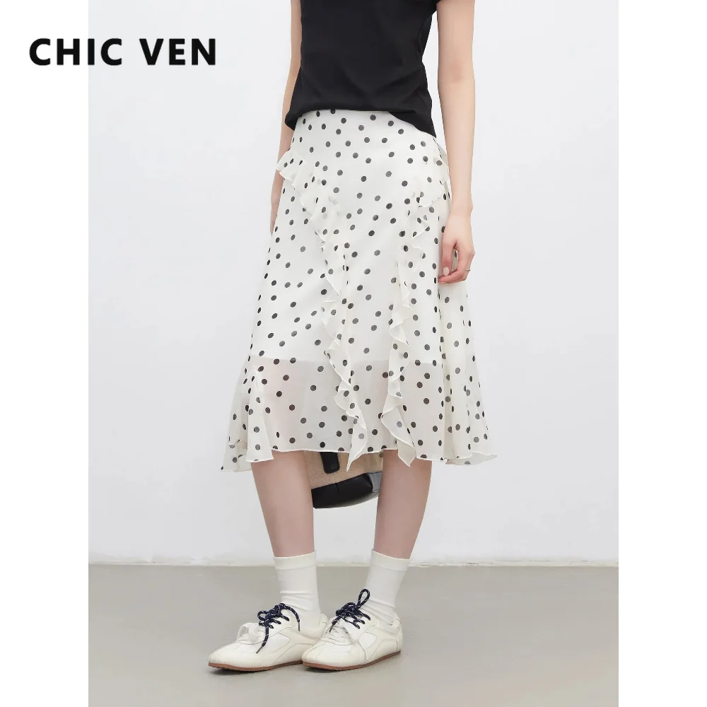 CHIC VEN Fashion Women Skirts Loose Casual Retro Polka Dot High Waist Irregular Ruffle Edge Ladies Skirt Spring Summer 2026