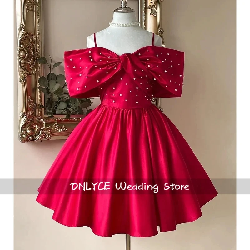 

Custom Made Red Spaghetti Straps Puffy A-line Bow Prom Party Dress Backless A-line Cocktail Gown Pearls Evening Dress