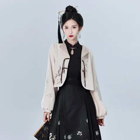Daily Wear Hanfu Heavy Embroidery Woolen Jacket with Gold Weave  Face Skirt Short Style Button up Top Bottom Set for Women
