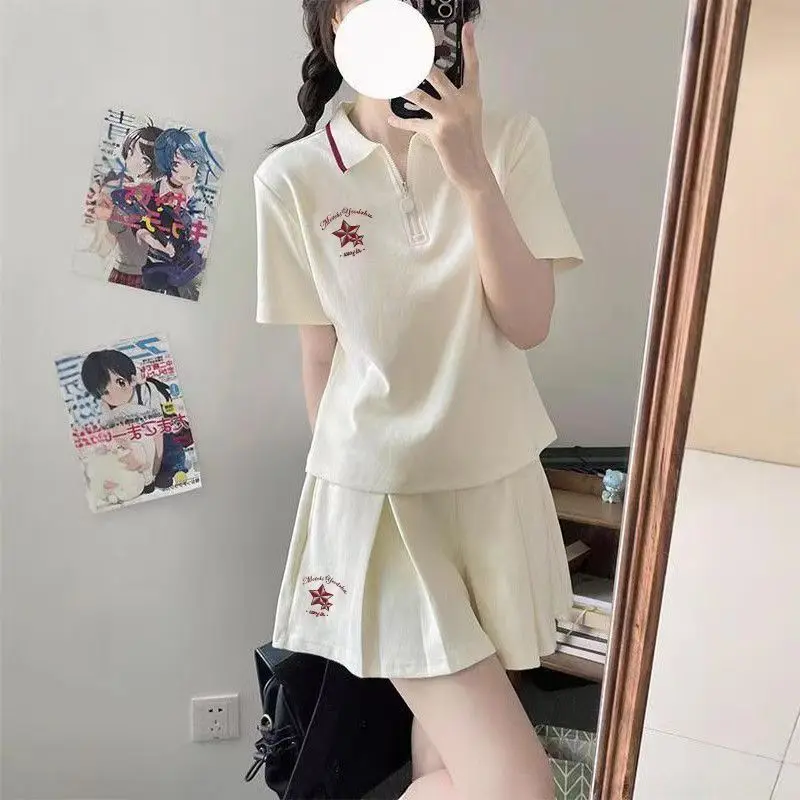Women 2 Piece Set Summer Casual Outfits Short Sleeve Polo Shirt + High Waist Pleated Skort Preppy Tennis Tracksuit Golf Wear