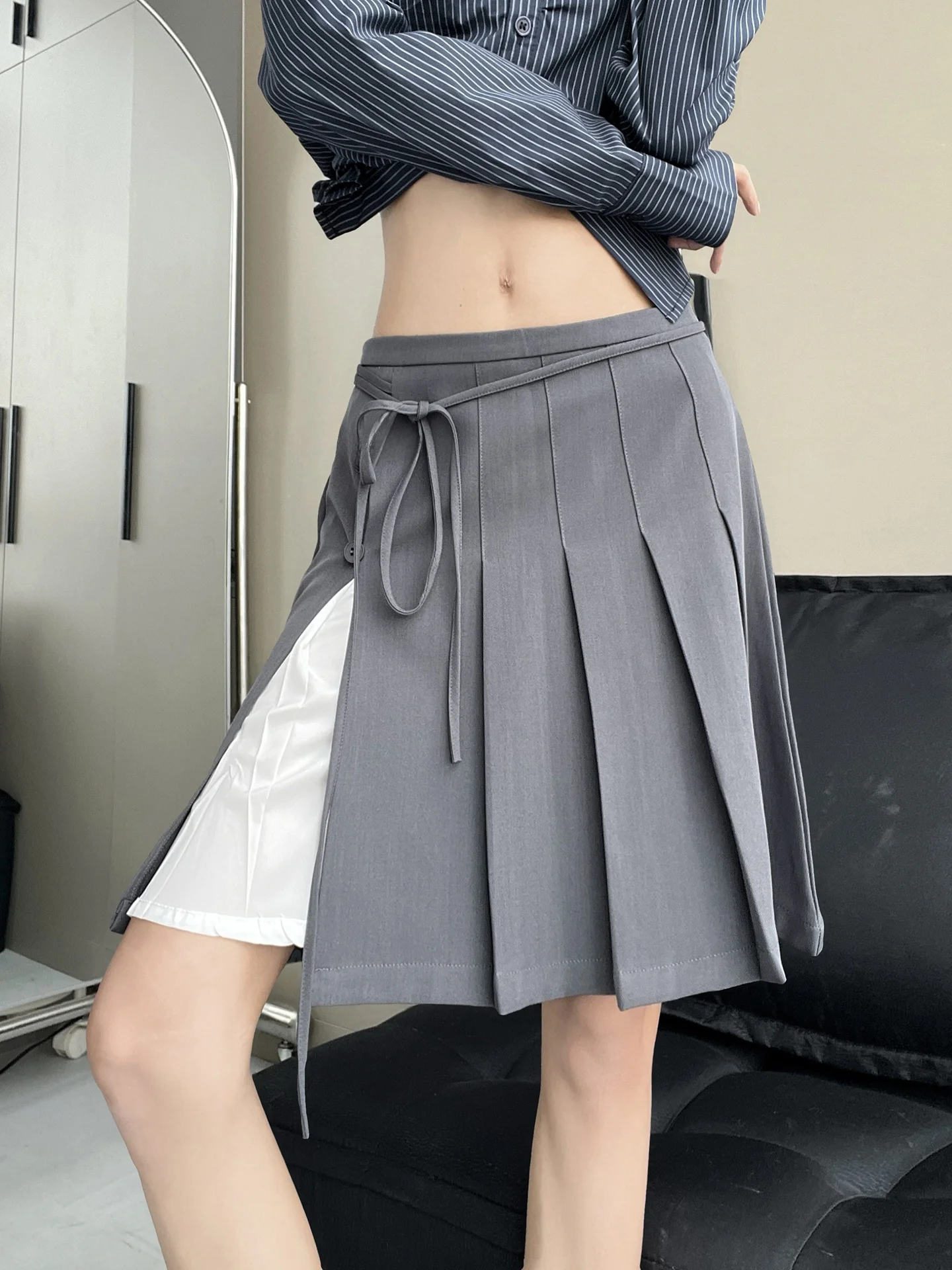 

Slimming Pleated Skirt with Side Slit for Women Double Layered Belted Midi Skirt Vintage Commute Style Versatile Slim Fit ...