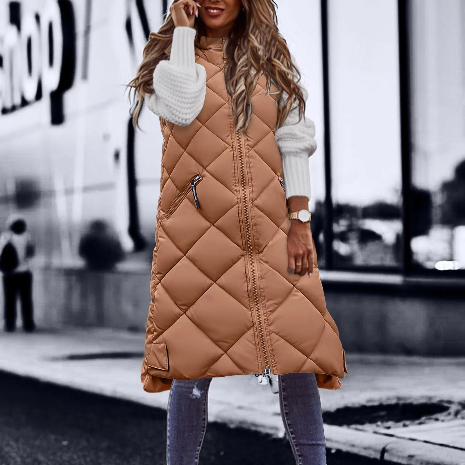 Casaco feminino sem mangas com capuz com bolsos, colete quente, casaco de argyle, casaco longo, inverno