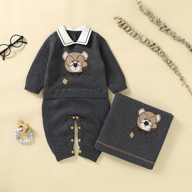 Newborn Baby Clothes Set Cotton Knit Toddler Long Sleeve Turn-down Jumpsuit +Bed Quilt Infant Girl Boy Romper +Blanket Cute Bear