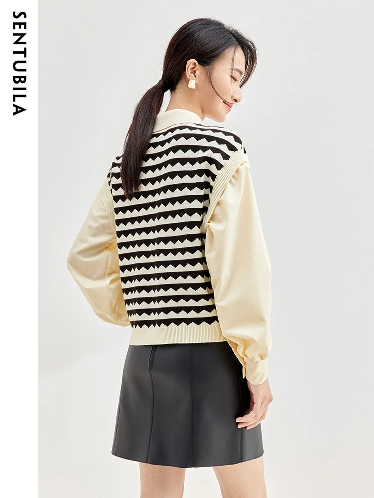 SENTUBILA 2 In 1 Shirt Women 2024 Spring Patchwork Knitted Long Sleeve Blouse Female Fashion Lady Fake Two Pieces Tops W33C52236