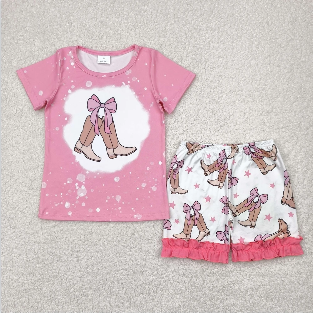 

RTS Baby girls fashion design children wholesale boutique outfits Baby Girls Western Pink Bow Boots Tops Short Girl Clothes Sets