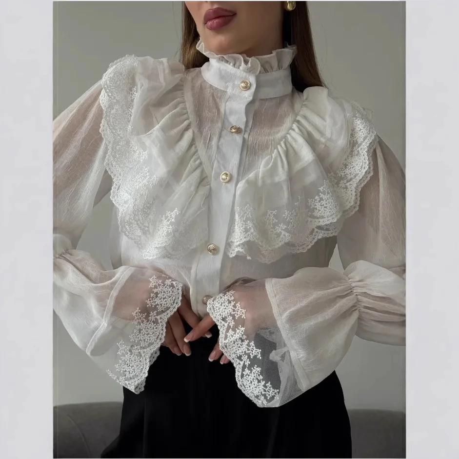 

Women Blouse 2026 Spring Women's French Palace Style Chiffon Blouse Elegant Stand Collar Ruffle Trim Fairy Fashion Casual Tops