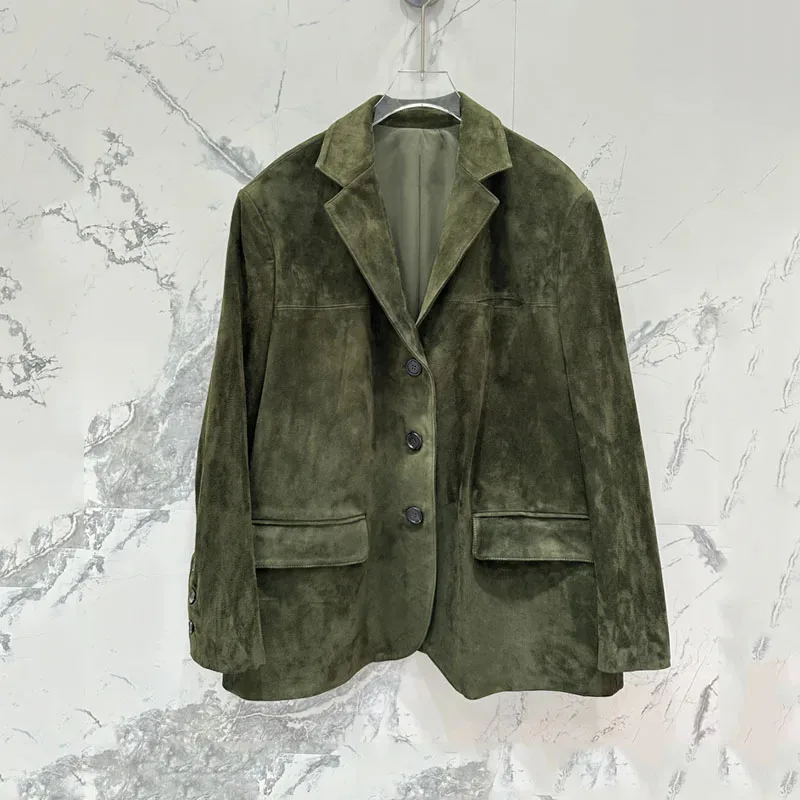 Women Clothes Turn-Down Collar Single-Row Buckle Suit Style Suede Sheepskin Luxurious Leather Jacket Green Loose