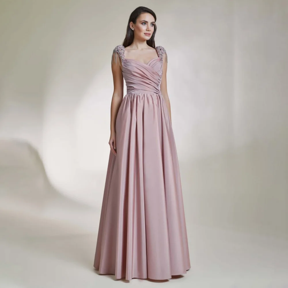 

Pink Evening Dress Beading Taseel A Line Floor Length Women's Gowns V Neck Sleeveless Backless Elegant Formal Party Gown