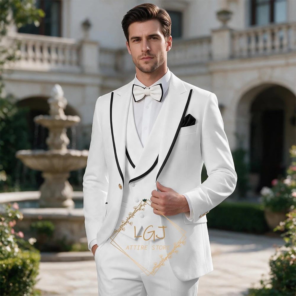 Men's Single Breasted 3 Piece Suit Set Custom Size Tailored Black Piping Trim Formal Wedding Groom Ceremony Jacket Vest Pants