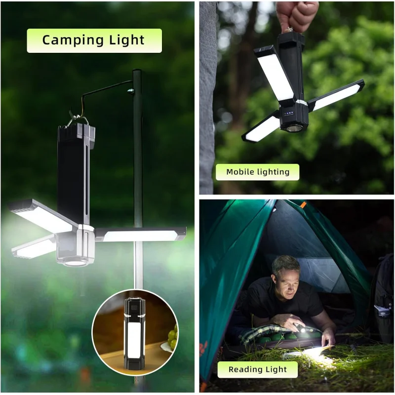 Lampu Berkemah Lipat Dapat Diisi Ulang, PowerBank 3000MAh, Senter Portabel 1500 LM, Lampu Tenda LED 5 Mode untuk Berkemah, Essent