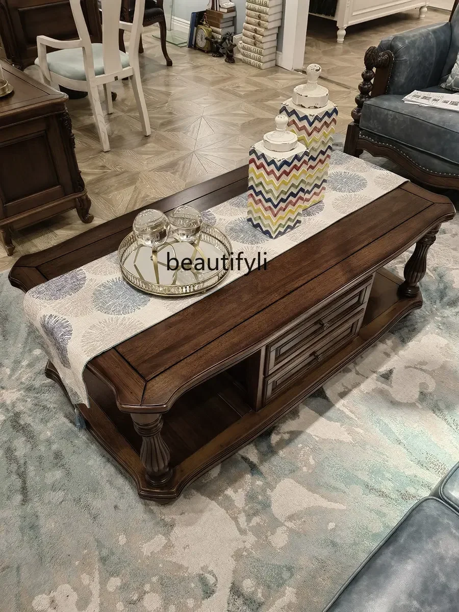 182C American-Style Solid Wood Coffee Table Living Room Furniture Rectangular Black Walnut with Drawer Storage Large Tea Table