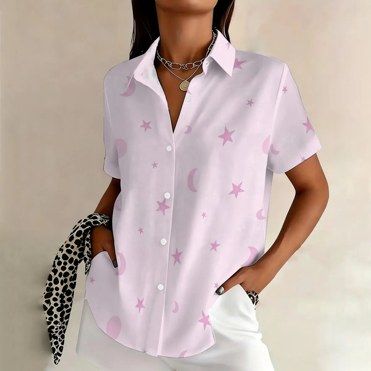 

Simple and personalized starry sky print summer women's plus size lapel short sleeved shirt fashionable daily versatile top