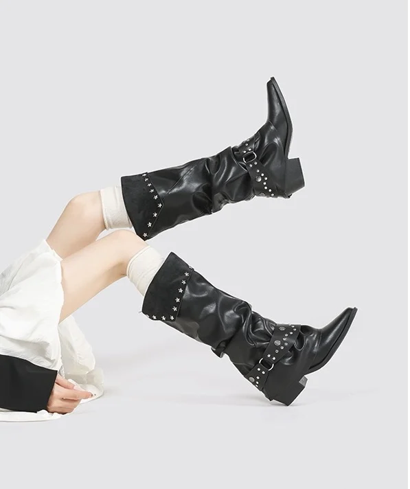 Punk Style Women's Boots Sharp Pointed Toe Thick Heel Leather Mid-Calf Boots Black Fashionable Boots for Young Women