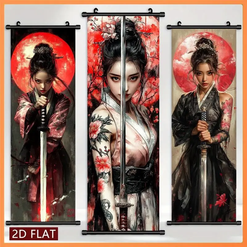VIKAMA Female Samurai Sword Wall Tapestry Red Floral Kimono Sun Ink Scroll Art Home Decor Boho Style Soft Durable Cozy Aesthetic