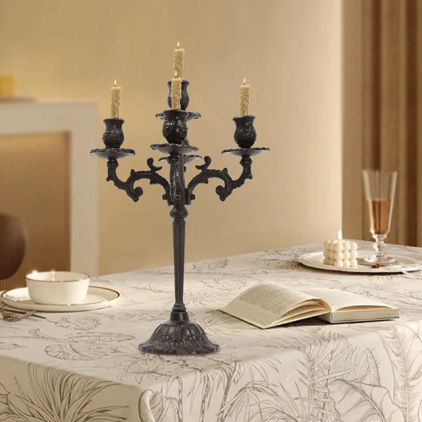 5-Arm Vintage Candle Holder Tabletop Candle Stand Cast Iron Candlestick Holders