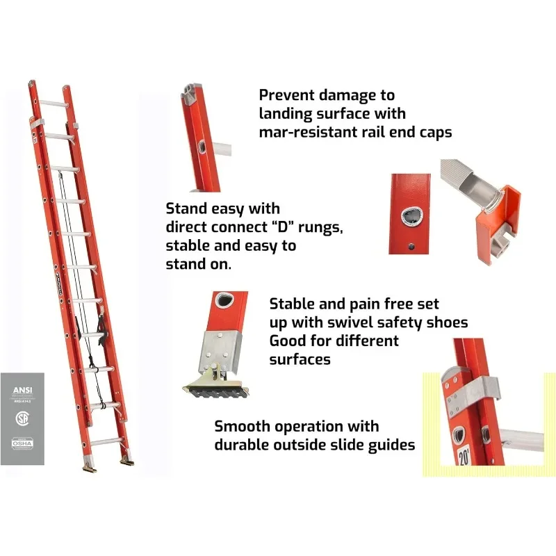 Foot Extension Ladder, 16 ft, Orange