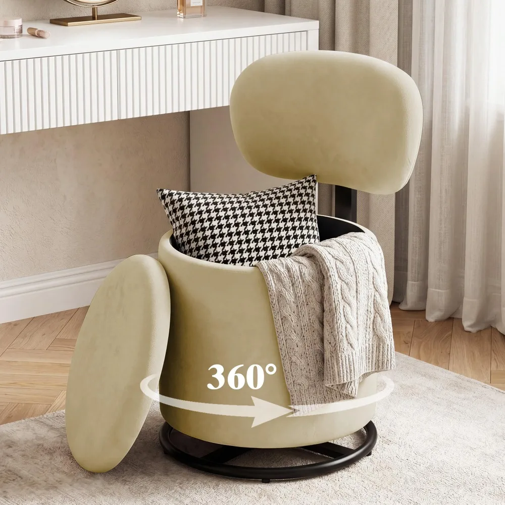 Camel Velvet Swivel Vanity Chair with Storage Makeup Stool