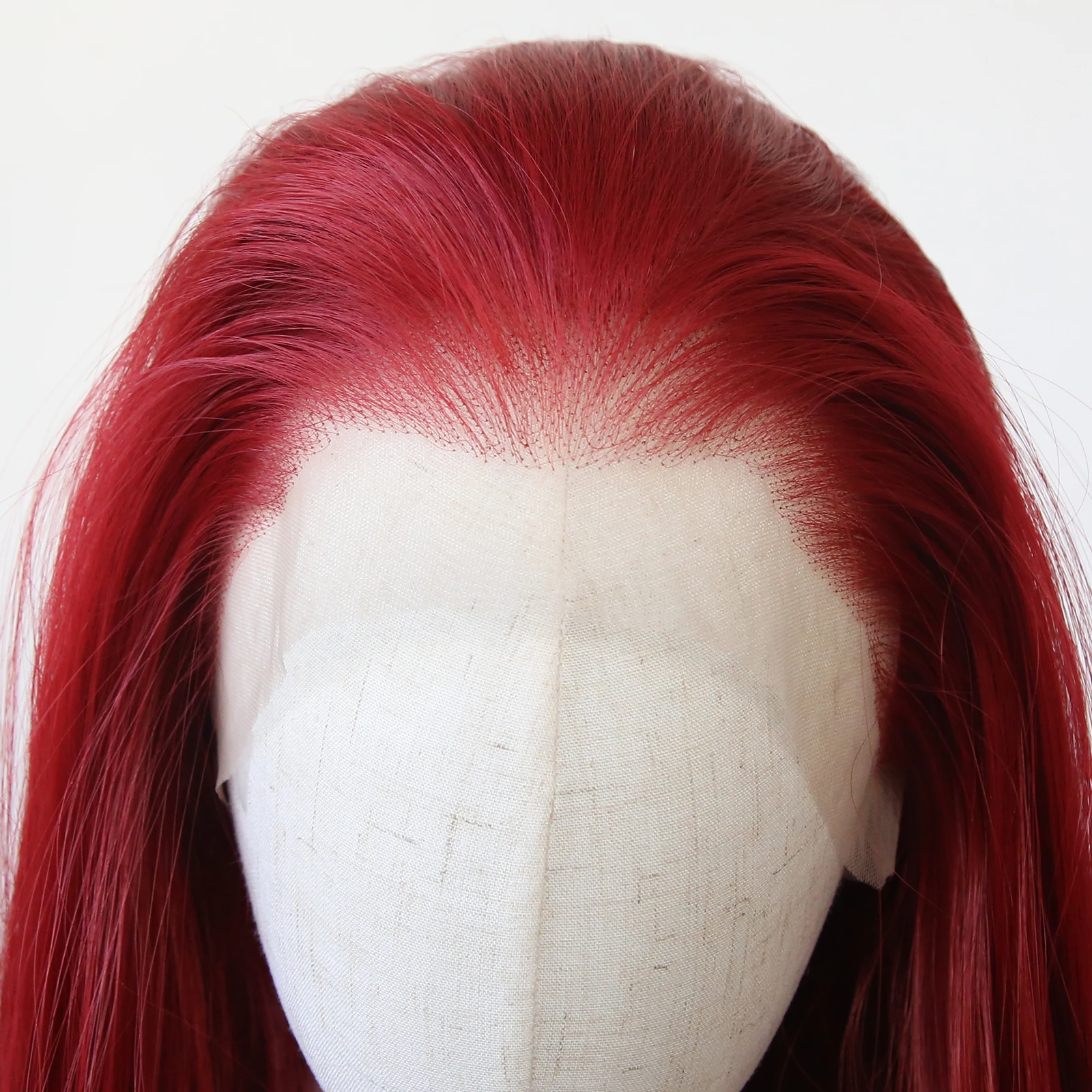 Perruque Lace Front Synthétique Rouge Foncé, Cheveux Longs et Lisses, Pre-Plucked, Fibre Degré de Chaleur, 13x4