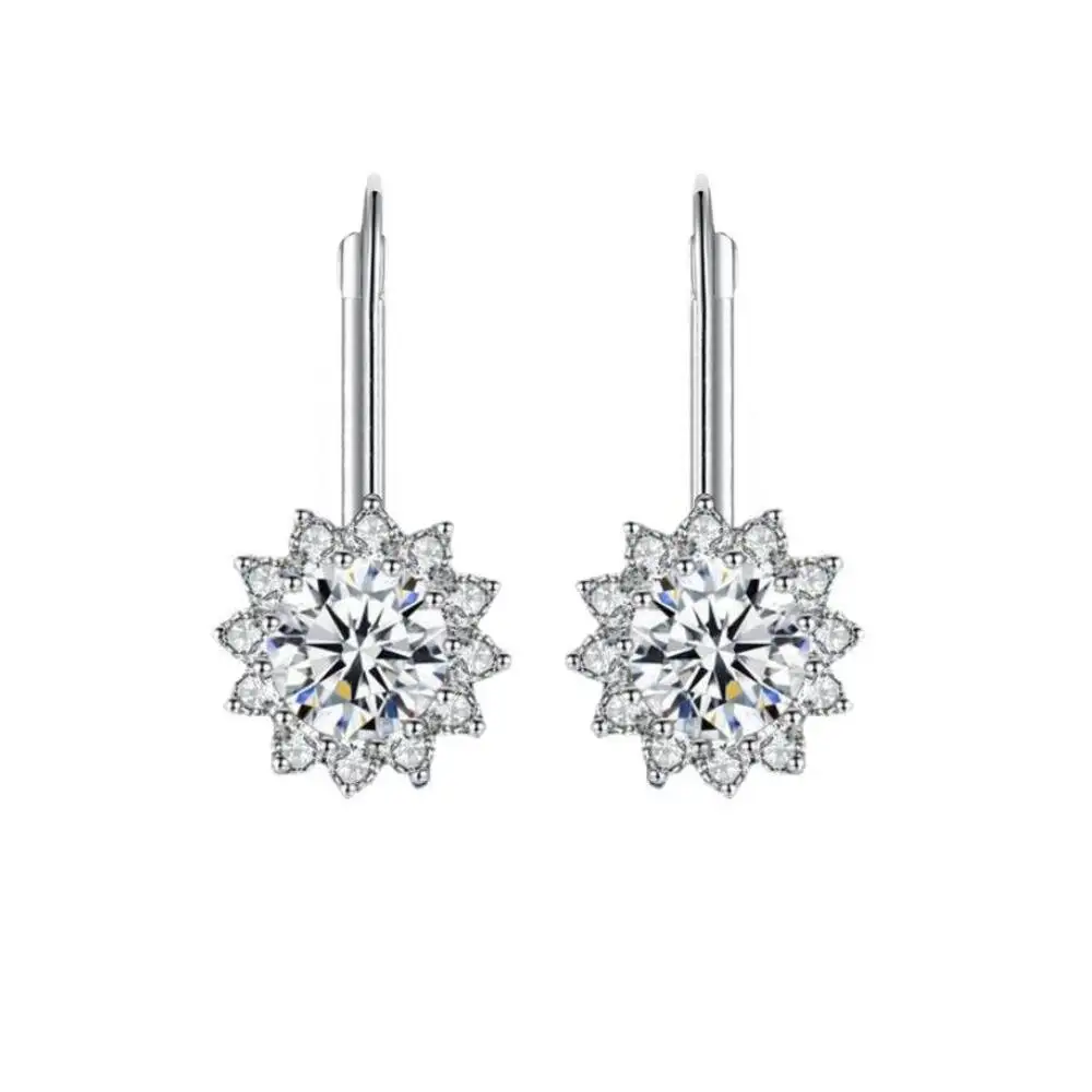 

925 Sterling Silver Sunflower Shape D VVS1 Moissanite Cluster Dangle Drop Hook Earrings Fine Jewelry For Women