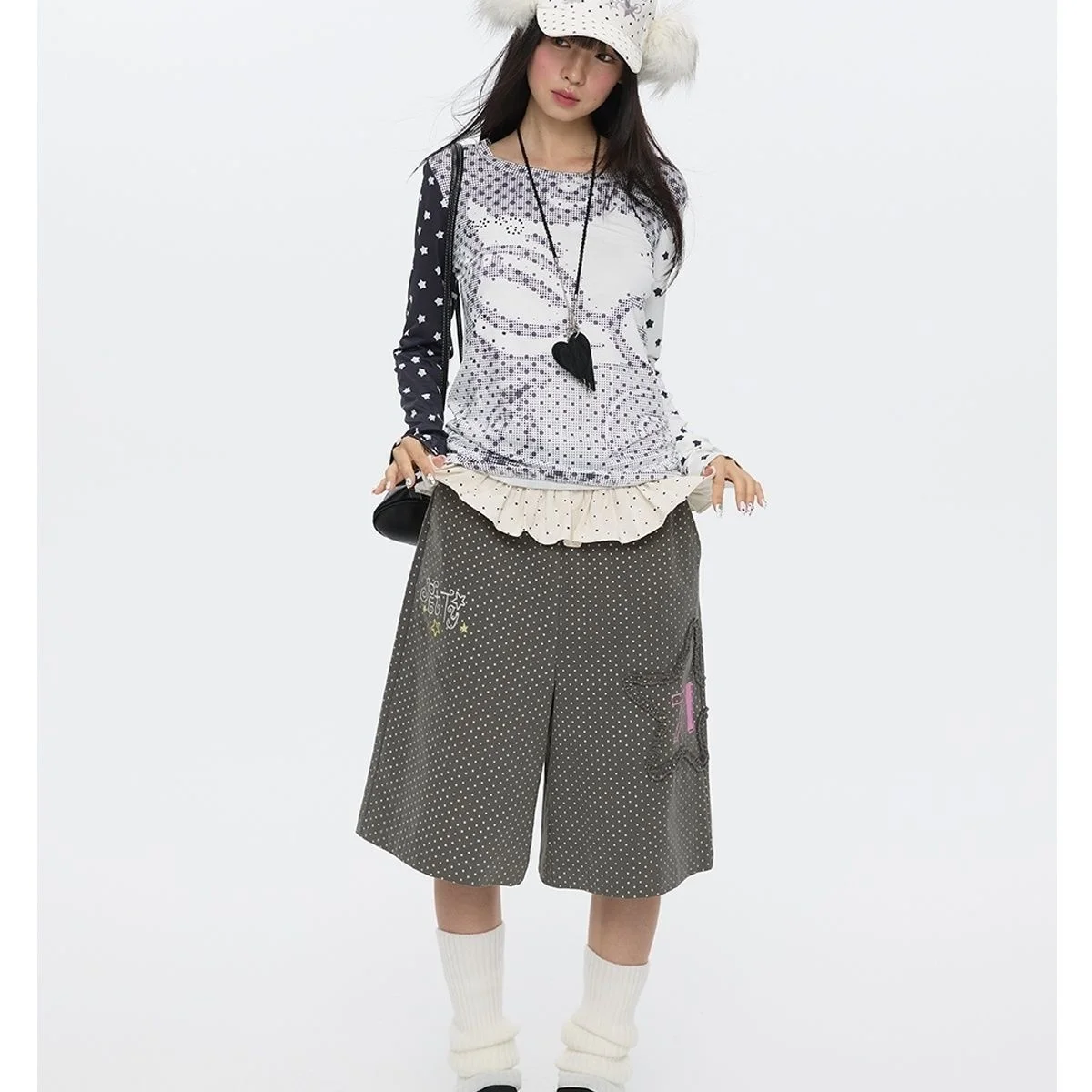 

Women's Y2K Outfit: Polka Dot Star Print Long Sleeve Top + High Waist Wide Leg, Loose Fit Sweet Cool Anime Fashion Spring Autumn