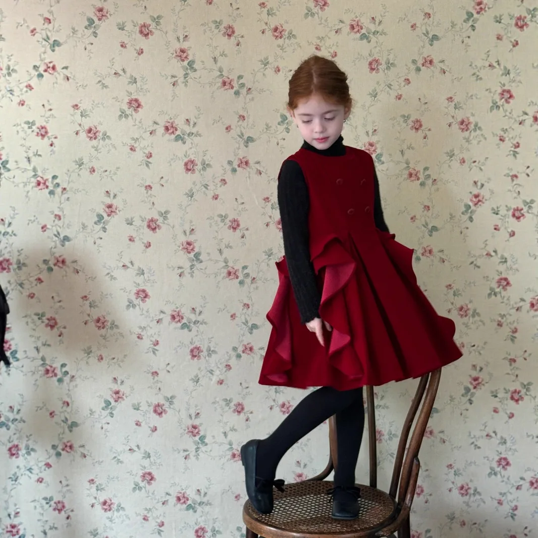 

New Winter Toddler Girls Dress Sleeless Velet Kids Baby Girls Ruffle Dress Christmas Retro Infant Girls Warm Knee Length Skirt