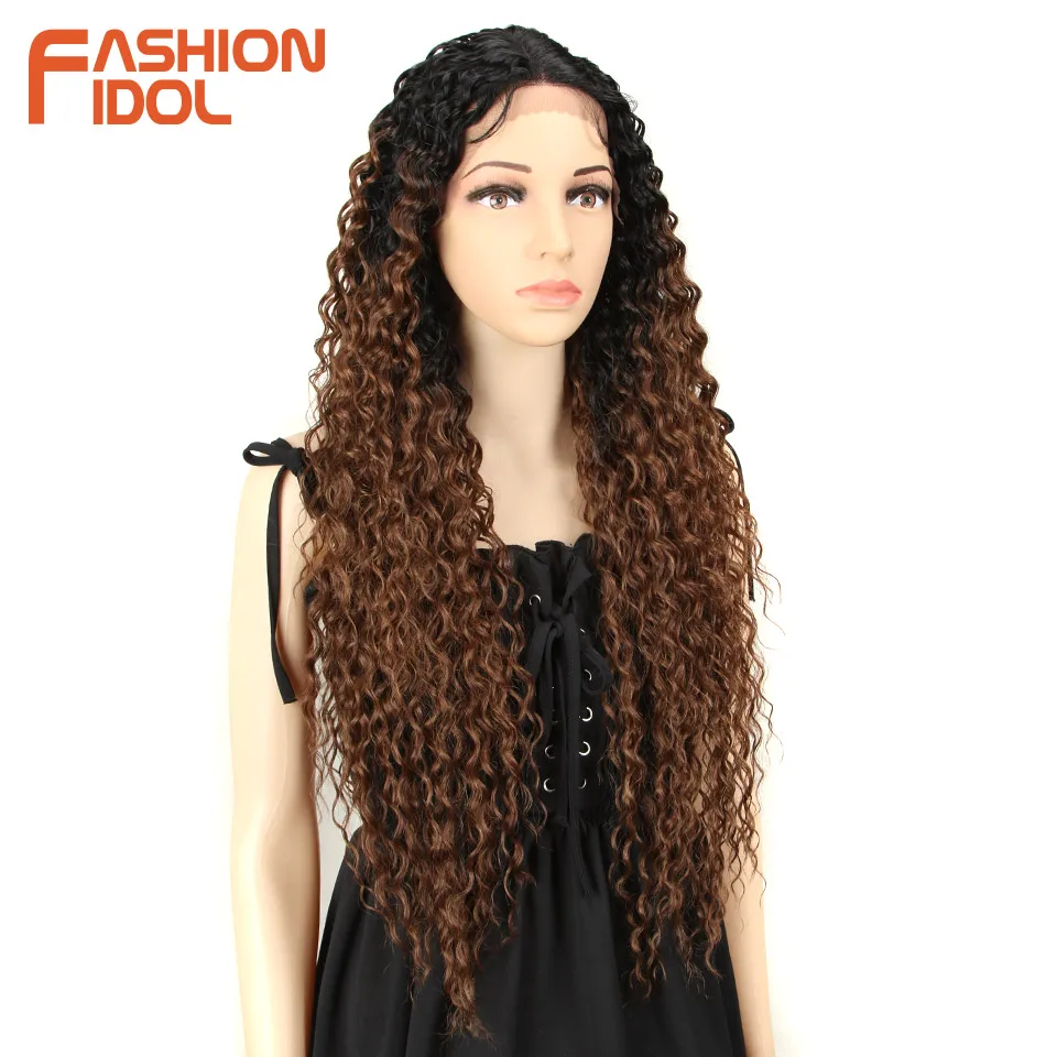 FASHION IDOL Lace Wig Synthetic 30 Inch Super Long Kinky Curly Hair Wig Ombre Blonde Loose Deep Wave Wigs Heat Resistant Fiber