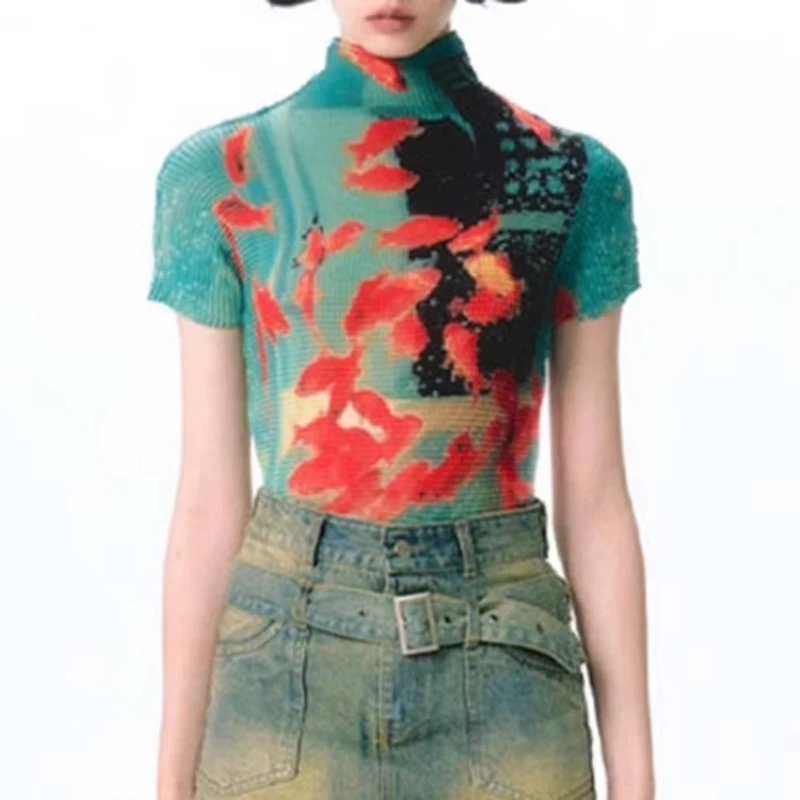 Retro Print High Elastic Design Blouse Women Summer Y2k Half High Collar Casual Thin Tops Korean Fashion 2000s Slim T-shirts New