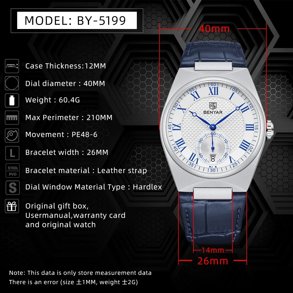 BENYAR Business Men Roman numerals Quartz Watches Luxury Waterproof Sports Leather Wristwatches Relogio Masculino BY5199