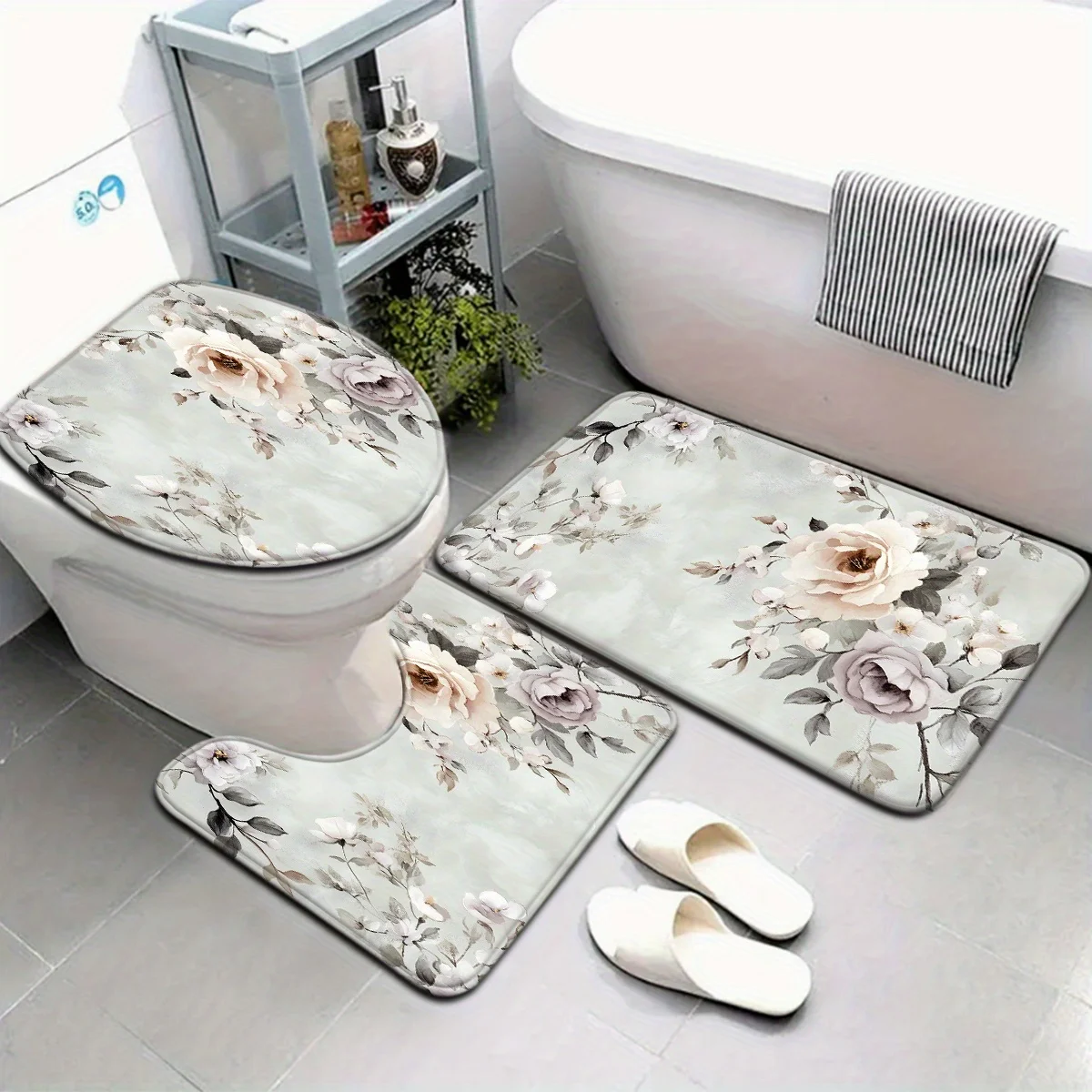 

3-piece set of fresh floral gray background with white peony pattern bathroom anti-slip mat set toilet seat cushion U-shaped mat