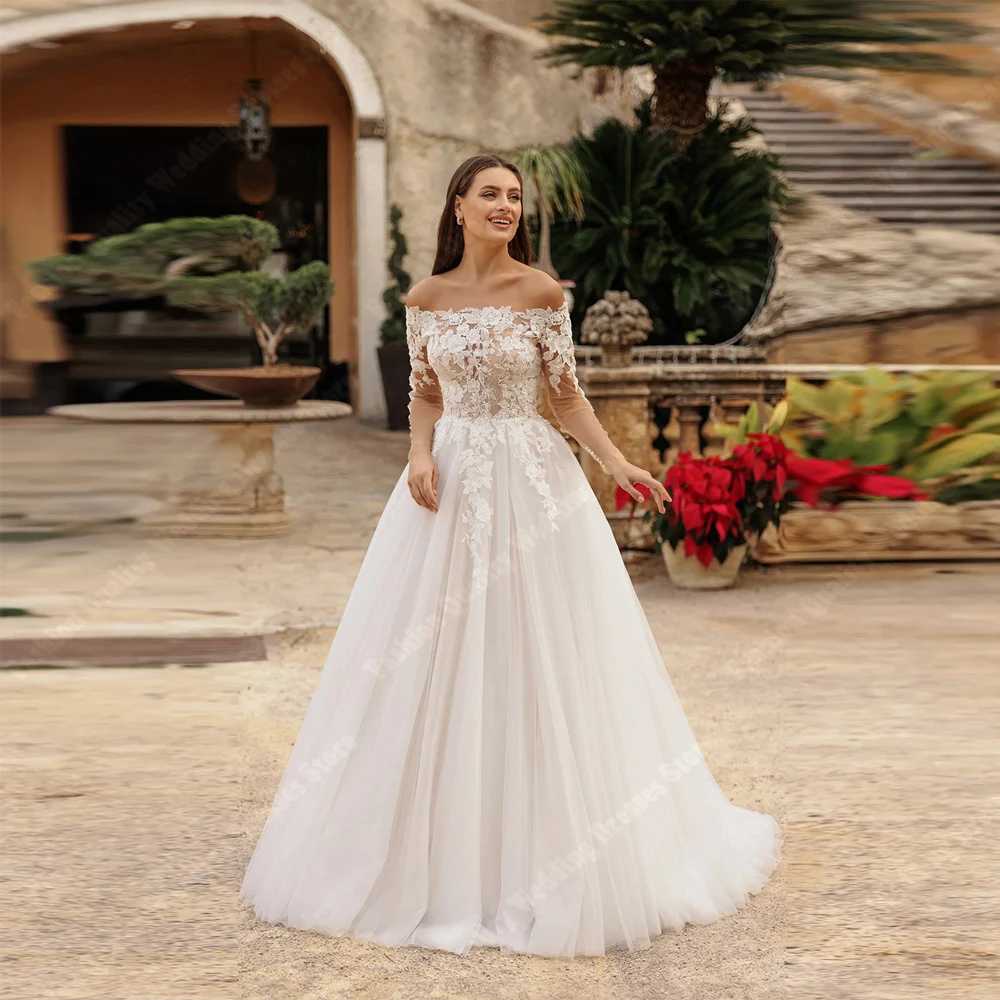 فساتين زفاف بدون أكتاف وأكمام طويلة للنساء مزينة بالدانتيل زي العرائس طول التطهير Vestidos De Novia مخصصة 2026 #1