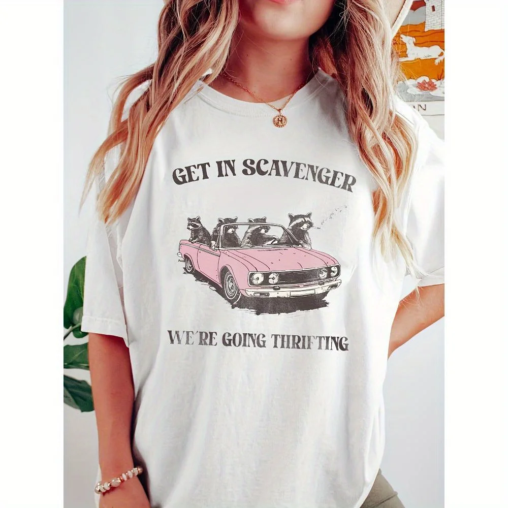 T-Shirt Vintage imprimé raton laveur pour femmes, haut décontracté à manches courtes et col rond, mélange de Polyester tricoté coupe ample, printemps/été