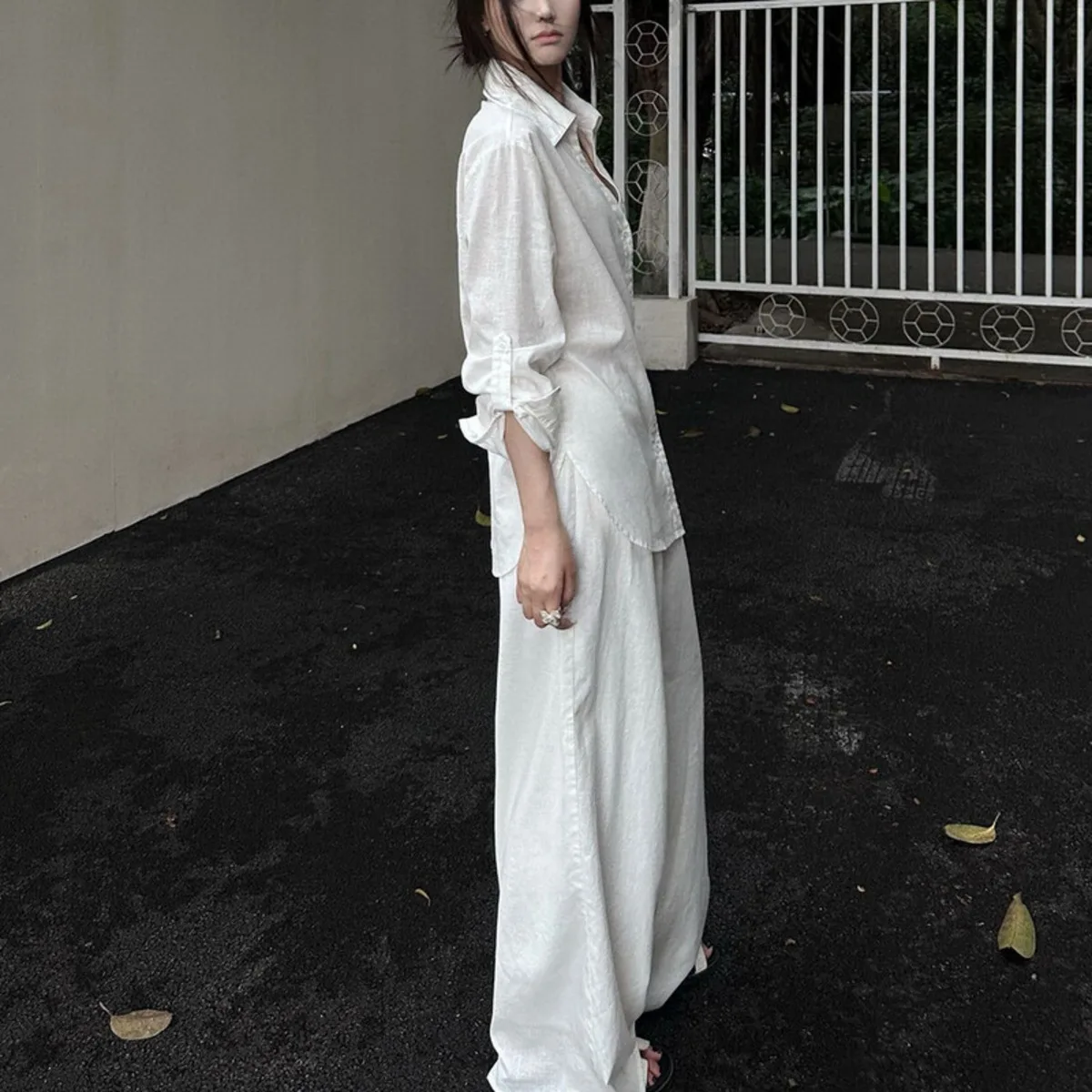 KWTX 여성용 화이트 캐주얼 셔츠 & 팬츠 세트 2피스 의상 - 루즈핏 라운지웨어 (커프 소매), 우아한 오피스룩