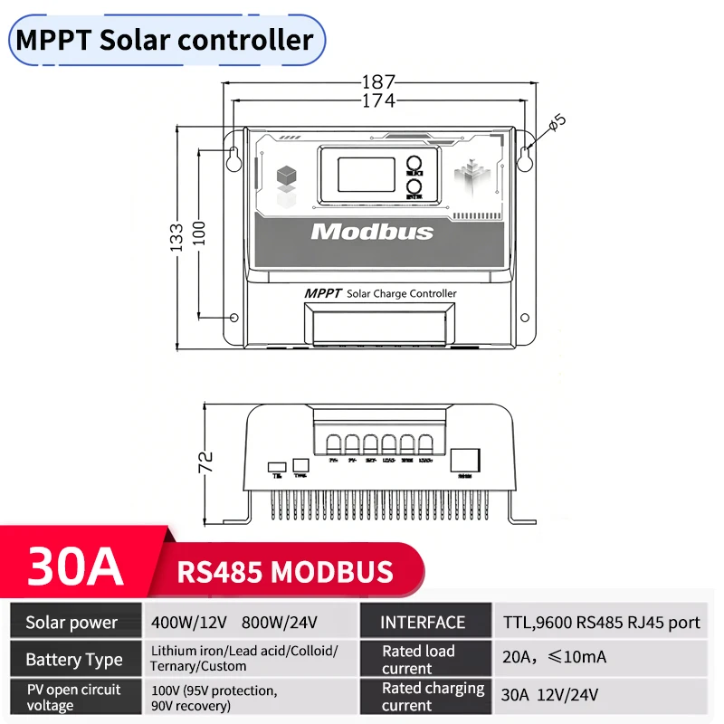 30A RS485 Communication Protocol MPPT Solar Controller 12V/24V Automatic Universal TTL Interface Protocol