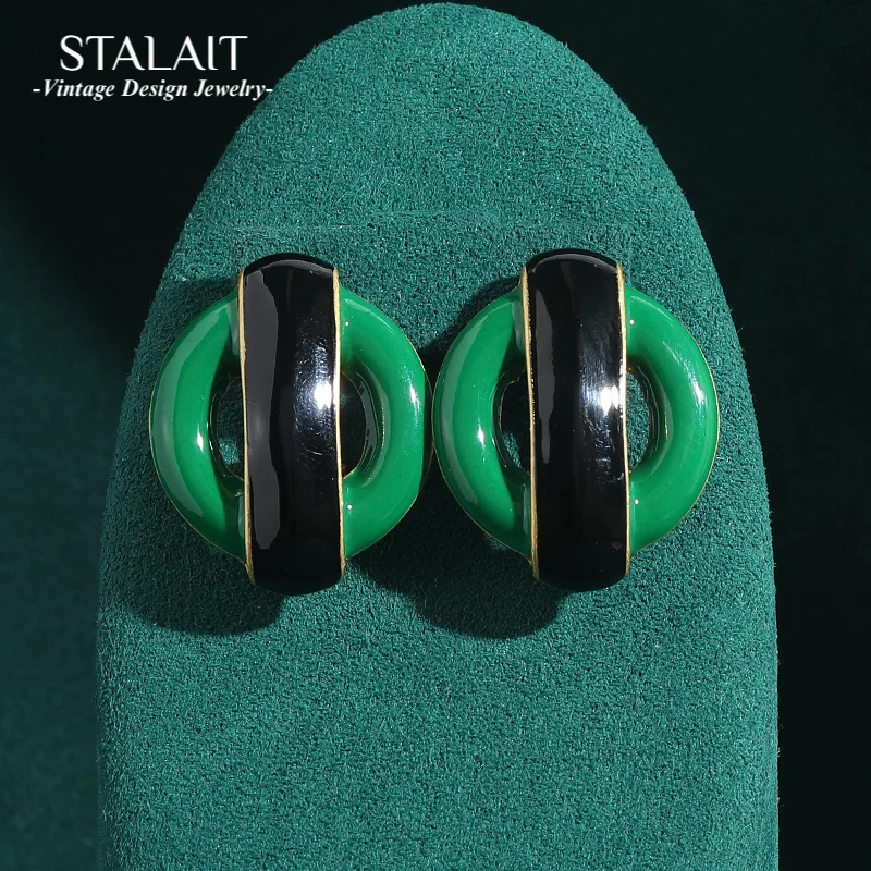 

Vintage Jewelry Emeral Green Earrings Jade Round Circle Statement Black For Woman Accessories Charm Gold Color Luxury Designer