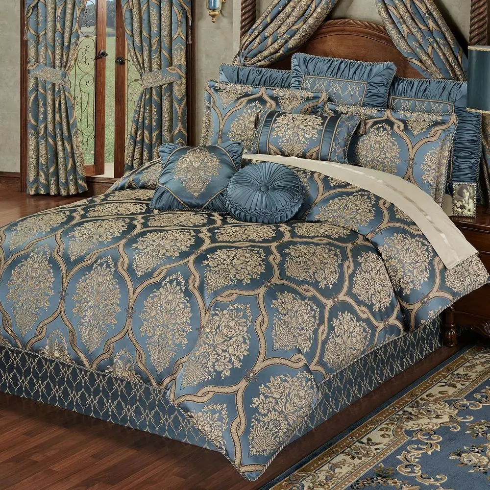

Castleton Bedding Sophisticated Jacquard Woven Damask Medallion Quatrefoil Steel Blue, Light Gold, Chocolate 4 Piece Set Queen