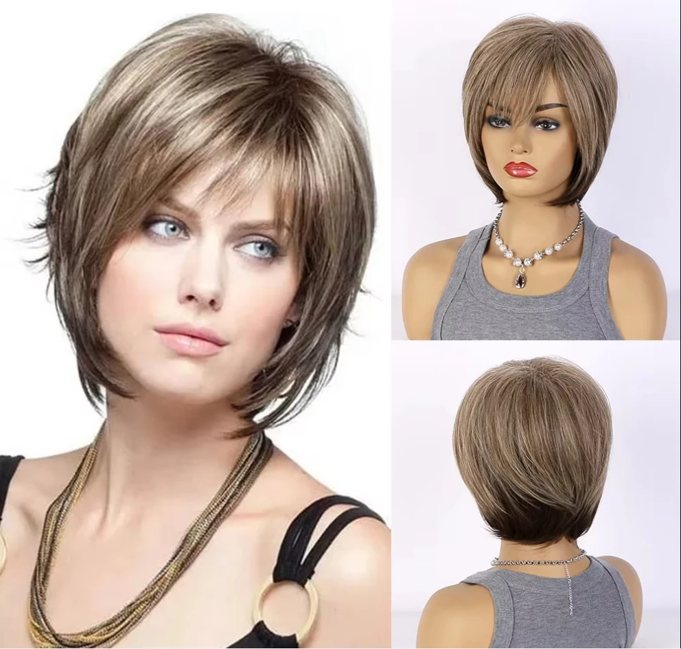 

Black Mixed Highlight Blonde Synthetic Wig Short Pixie Cut Wavy Bob Wigs with Bangs for Women Heat Resistant Hair