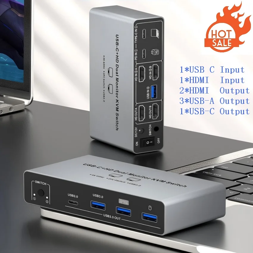 USB C HDMI Dual Monitors KVM Switch 4K@60Hz,2 Monitors 2 Computers(1 PC & 1 Laptop) KVM Docking Station,Share 4 USB3.0 Devices