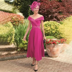 Mother of Bride Dresses for Weddings Off Shoulder Short Party Dress Women A Line Rose Red Tea Length Wedding Guest Gowns