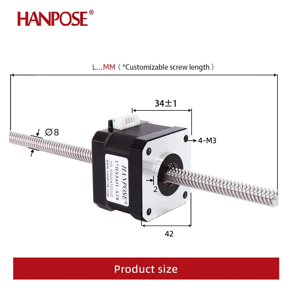 NEMA17 screw stepping motor  42HA34-T8 1.3A 28N.CM Through screw motor length 100-400mm Two shaft motors for mini cnc 3D printer