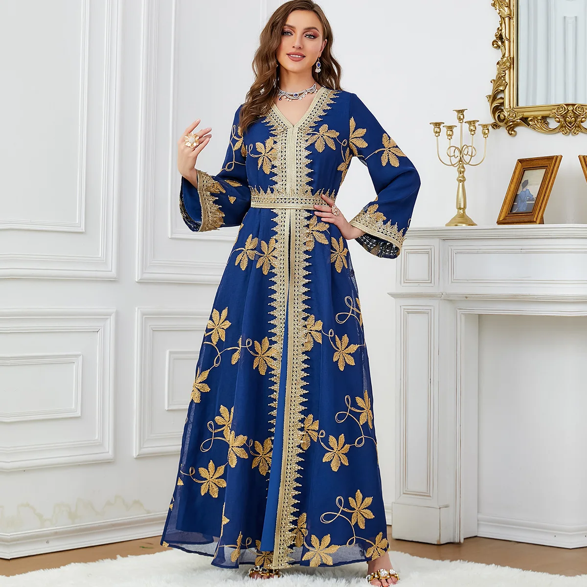 Abaya Print zweiteiliges Damen Set Abendkleid hand gefertigter Stoff mit Ahornblatt Stickerei Robe hoch taillierte elegante Anzüge