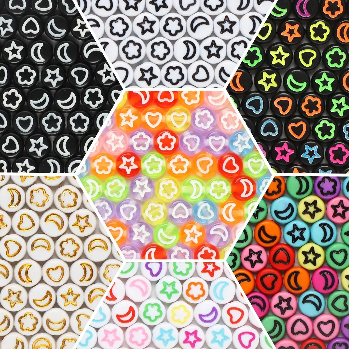 100-500 Stück Acryl Bunte Perlen Gemischte Mond Stern Blume Herz Flache Runde Spacer Perlen Für Schmuck Machen Armband Zubehör