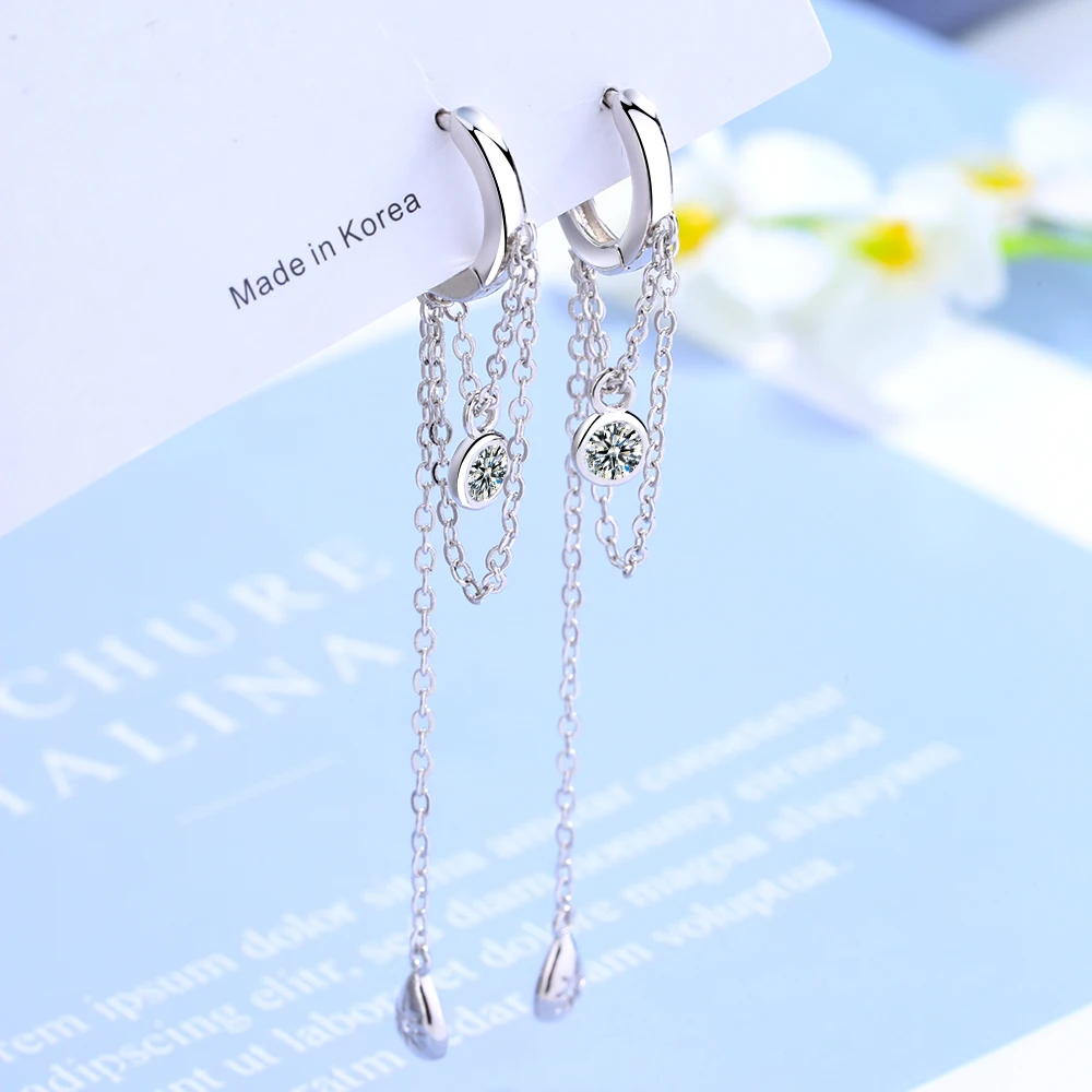 925 Sterling Silver Double Layer Long Tassel Ear Buckles Exquisite Zircon Waterdrop Pendant Hoop Earring for Women Jewelry Gift