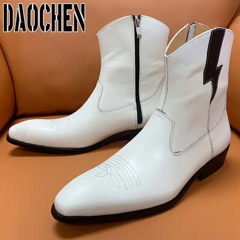 Luxury Brand Men Ankle Boots Zipper Chelsea Boots Shoes Lightning White Casual Mens Dress Shoes Real Leather Men\'s Boots