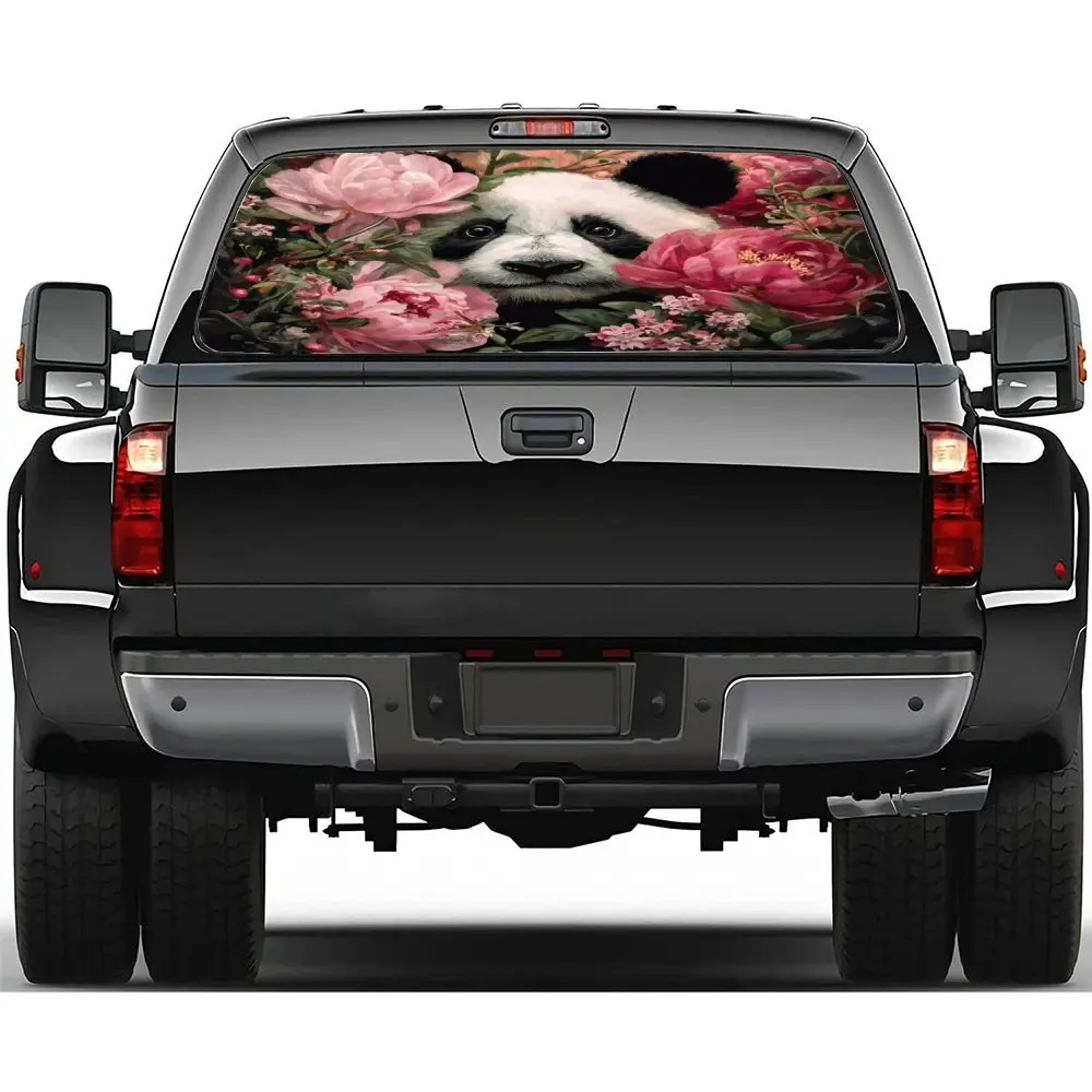 

A panda with flowers PVC material self-adhesive waterproof car rear window sticker, easy to paste without falling off, waterproo